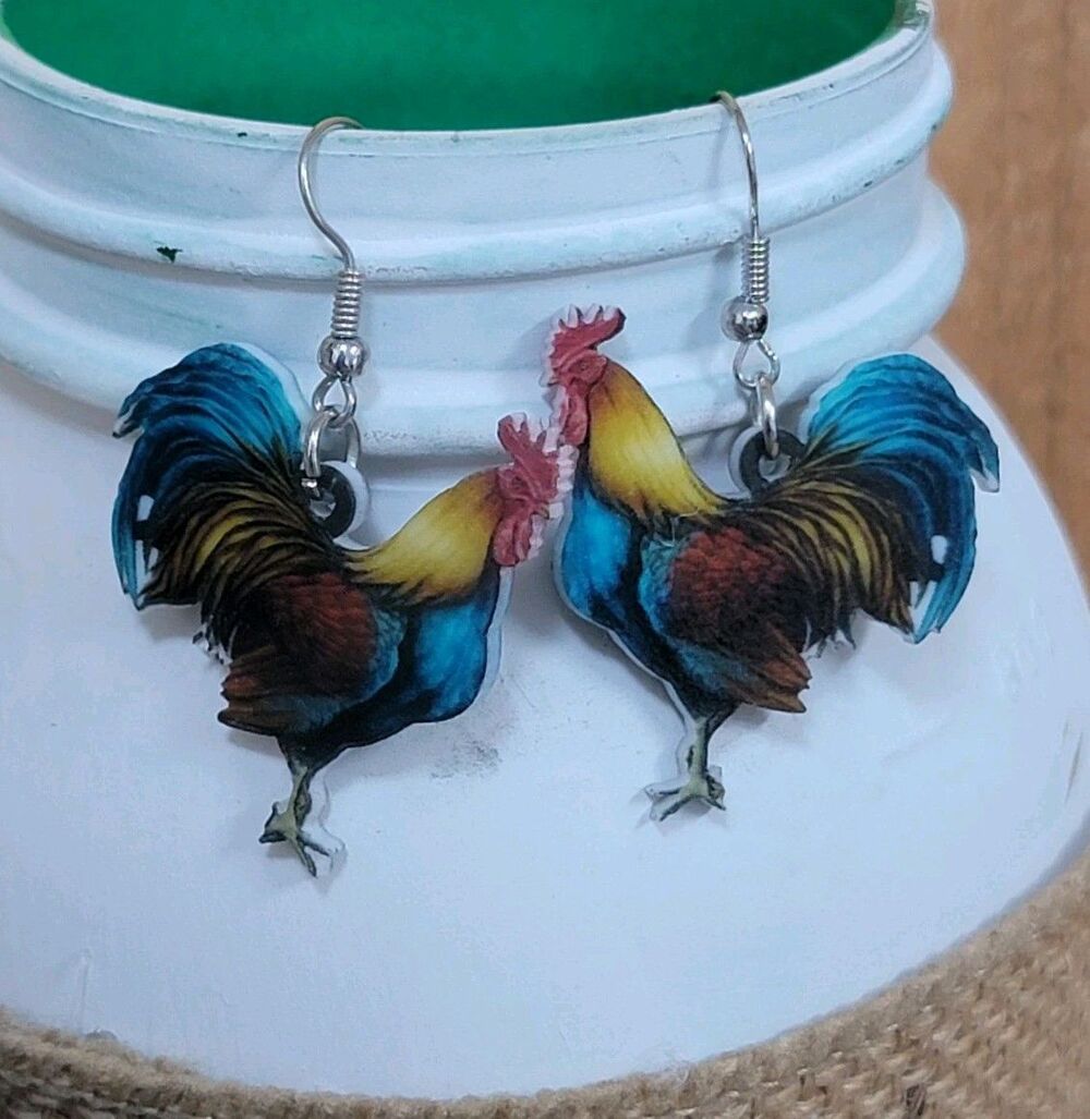 Rooster Chicken Dangle Earrings